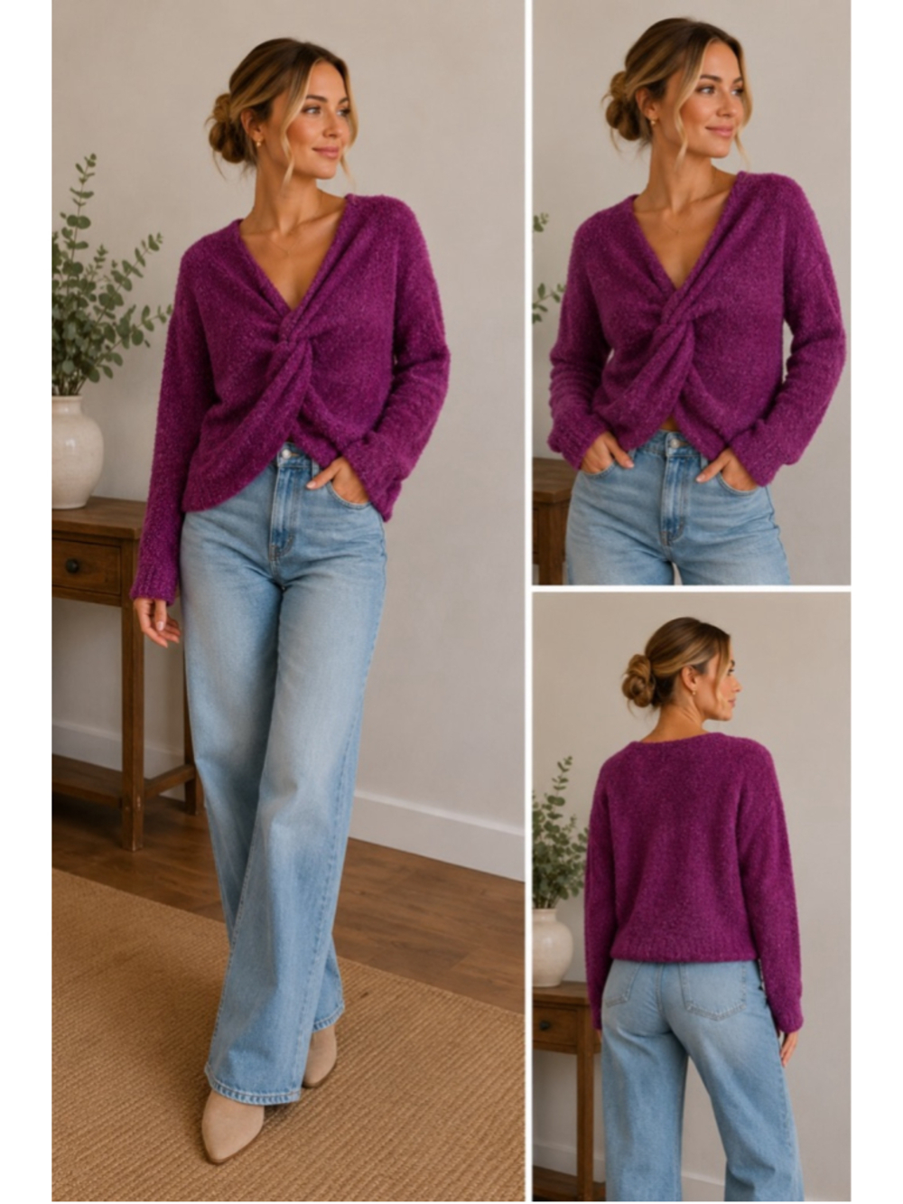 Women's KAARI blue Purple Twist Front Sweater Size M F26